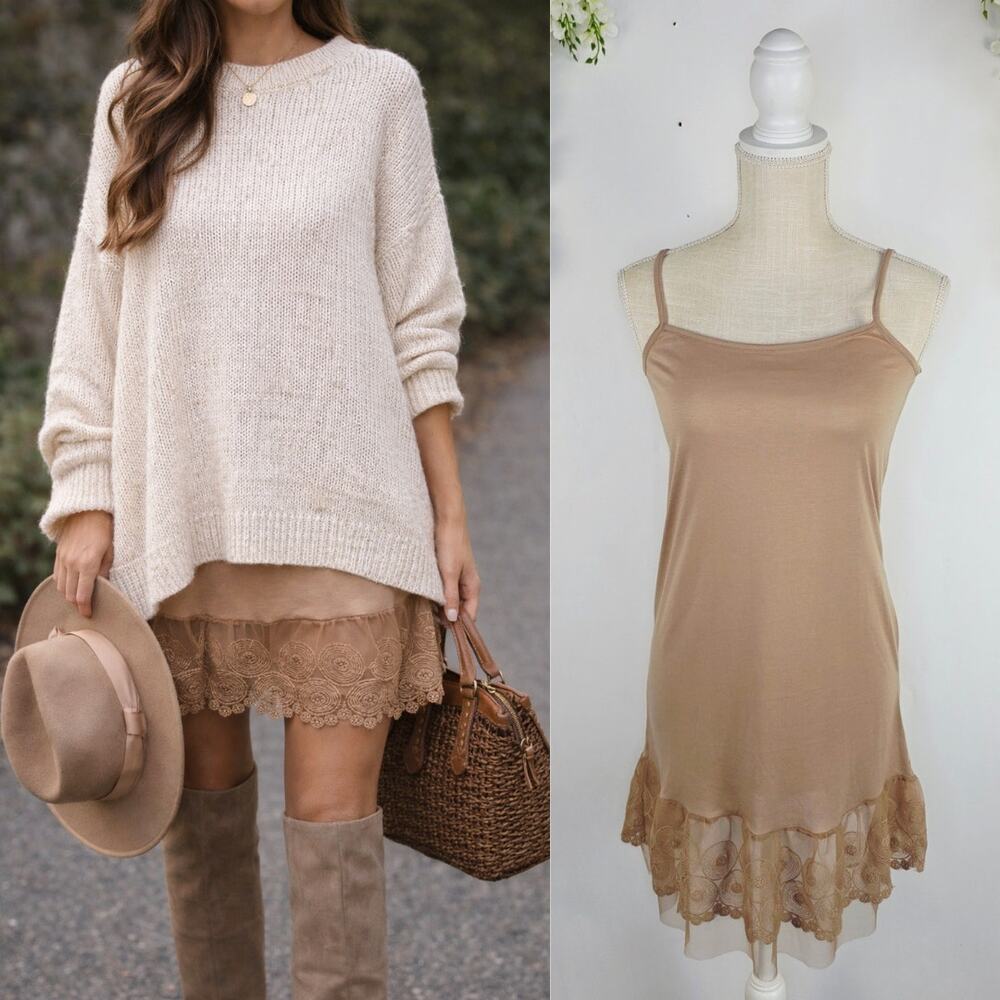 Altar’d State Lace Hem Slip Dress Small Tan Layering Slip Extender Boho Cottage - Picture 1 of 12